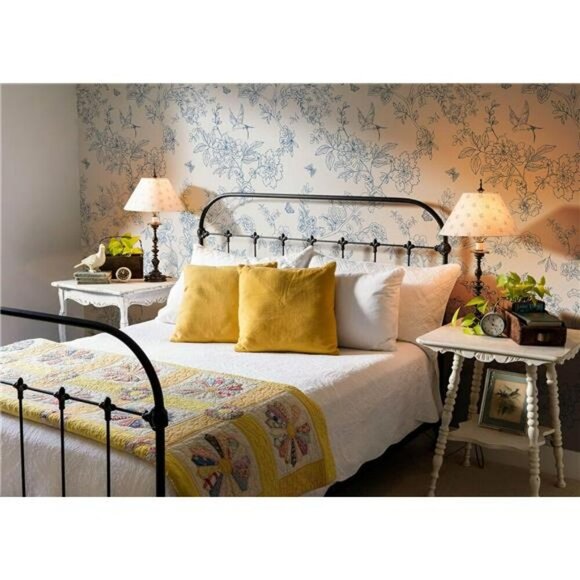 Floral Peel and Stick Wallpaper Blue Cream Vintage Removable Contact Paper - Picture 6 of 7